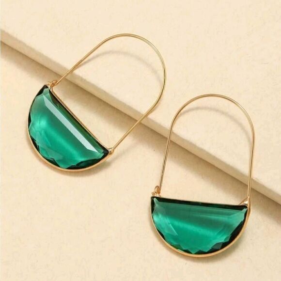 Green Glass Crescent Hoop Earrings - Picture 3 of 4